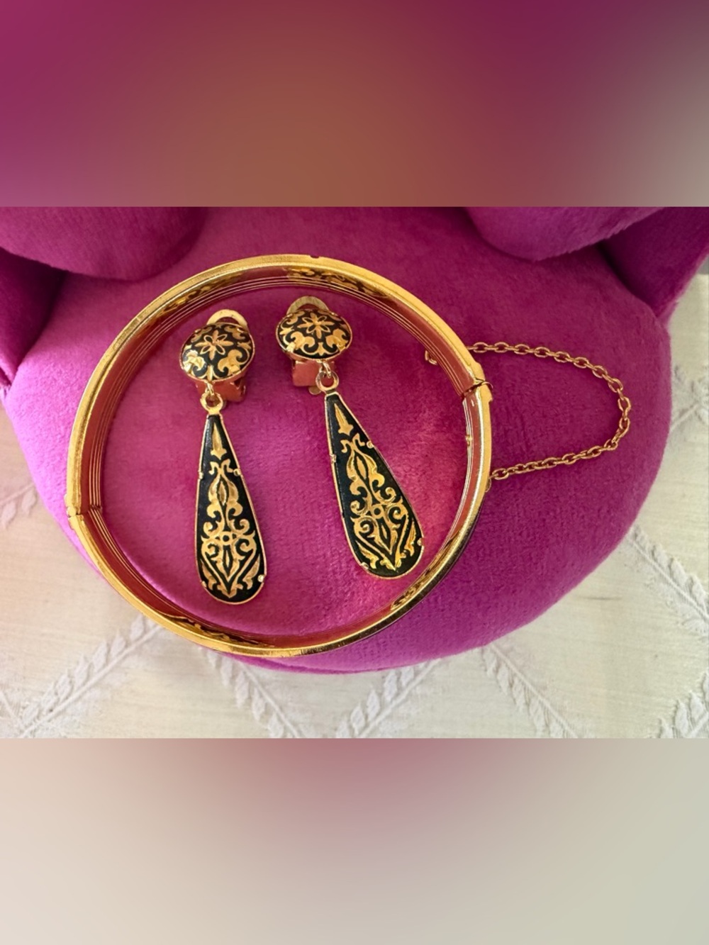 Vintage Damascene Hinged Bracelet & Clip Earring Set